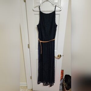 As U Wish Navy Lace Maxi Dress with Tan Belt